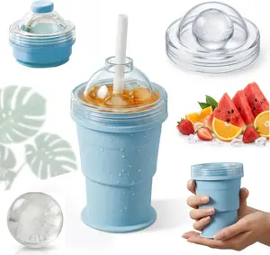2-in-1 Collapsible Silicone Ice Ball Maker Cup, Reusable Portable Ice Sphere Mold with Straw & Lid,  Round Ice Sphere Mold for Iced Coffee Gym Travel Outdoor