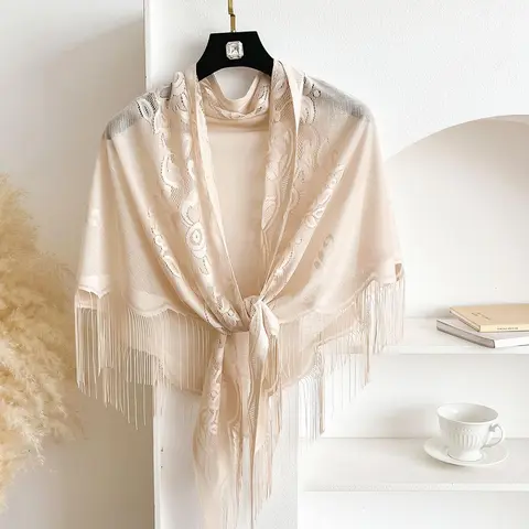 Elegant Women's Lace Hollow Out Shawl, Multifunctional Breathable Short Long Fringe Scarf, Thin Woven Fabric, All Seasons, Casual Style, Valentine's Day Gift, Wrap