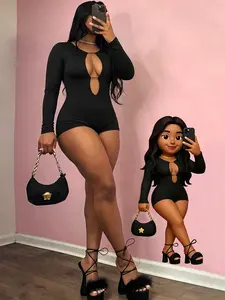 Women's Black Cutout Long Sleeve Chic Romper, Slim Fit Bodycon One Piece, Suitable for Daily Parties and Summer Outings, Womenswear