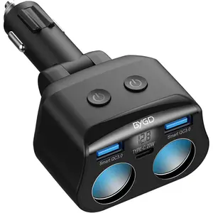 BYGD 2-Socket Cigarette Lighter Splitter,With 20W Type -C＋2 × Quick Charge 3.0，Outlet with Separate Switch LED Voltmeter for 12/24V Car, Mobile Phone, GPS, Dash Cam etc.