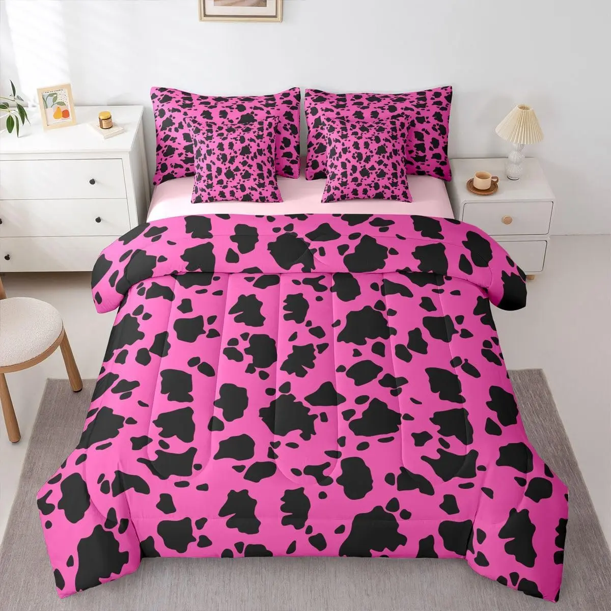 Western Cow Print Comforter Set with Sheets 7 Piece Pink Animal Cowhide Bedding Set Western Farmhouse Rustic Bed in a Bag Room Decor Soft Lightweight Microfiber