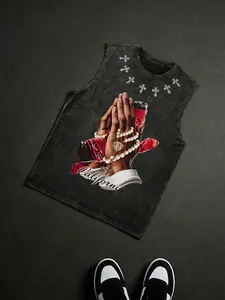 Y2K California Prayer Hands Graphic Rhinestone Cross Washed Black Sleeveless Tank Top Streetwear Hip Hop Aesthetic Vest Y2K Fashion