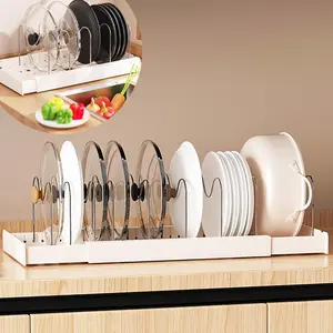 Mustorn Pots and Pans Organizer Under Cabinet, 22" Expandable Food Storage Container Lid Organizers with 9 Adjustable Dividers Pot and Pan Lid Holders Rack Inside Cabinet/Countertop(1 Pack, White)