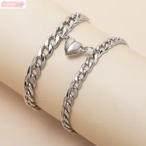 2Pcs Magnetic Heart Couple Bracelet Set Stainless Steel Cuban Chain Matching Attraction Jewelry For Couples Valentines Day Accessory tiktokshopspringglowup
