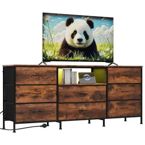 63" TV Stand with 8 Fabric Drawers and LED Lighting, Steel Frame Media Console for 65 70 75 Inch Televisions, Storage Dresser for Bedroom or Living Room