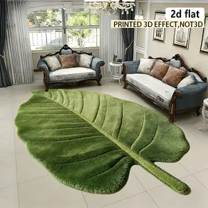 2D flat, irregular carpet/rug with green velvet leaf decoration, machine washable carpet, easy to clean, slip-resistant, fashionable mats and carpets, suitable for living room, bedroom, kitchen, laundry room, spring/summer new arrivals