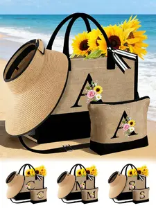 Women's Large Beach Handbag Set with Shoulder Strap, Monogram Tote, Includes Hat and Makeup Bag, Casual Letter A-Z Accessories, Perfect Gift