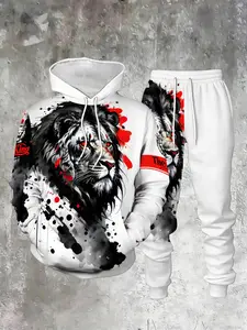 Men's Casual Two-Piece Set, Lion Print Long Sleeve Hoodie and Sweatpants, Spring & Fall Fashion, Daily Wear, Loose-Fitting, All over Print