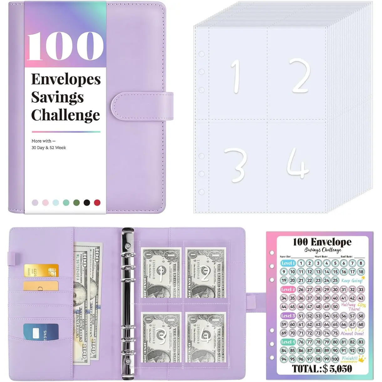 100 Envelopes Money Saving Challenge, Savings Challenges Book with Envelopes & Challenge Tracker, Motivational Process to Save $5050, Money Saving Binder 100 Pocket Pre-numbered, Purple