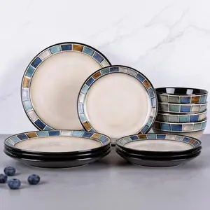 12 Piece Stoneware Dinnerware Set for 4, Vintage Blue & White with Square Rim and, Scratch Resistant Dish Set, & Dishwasher Safe Porcelain Dishes