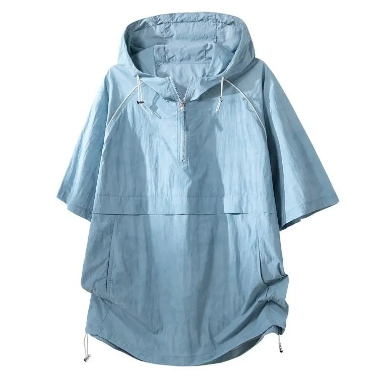 Menswear Stylish Lightweight Ice Silk Short-Sleeve Half-Zip Up Hoodie with Pockets for Casual Summer Wear, Shortsleeve, Top, Foldable, Polyamide, Oversized, Hoodie/Jumper, Plain, Minimalist
