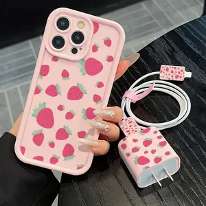 Strawberry Pattern Phone Case with Charger Head Cover & Cable Protector & Storage Rope, Anti-drop Cellphone Protective Case, Total Protective Phone Cases for iPhone, Casing