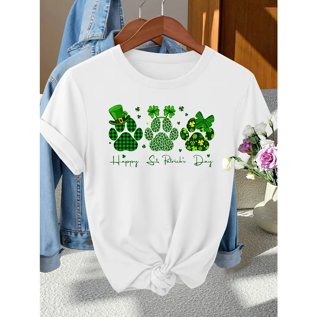 Womens Short Sleeve Cotton Graphic Tee St Patricks Day Shamrock Paw Print Shirt Cute Lucky Irish Green Top For Parade Party Casual Streetwear Spring Summer