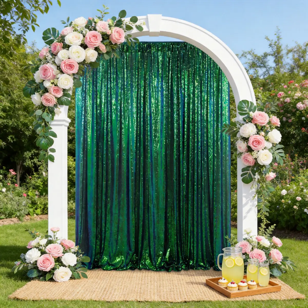 7ftx7ft Iridescent Green Sequin Polyester Photo Backdrop Drapes Curtains - 2 Panels, Polyester Clothing, Business & Festive Party Decor (Christmas, Wedding) for Home Supplies