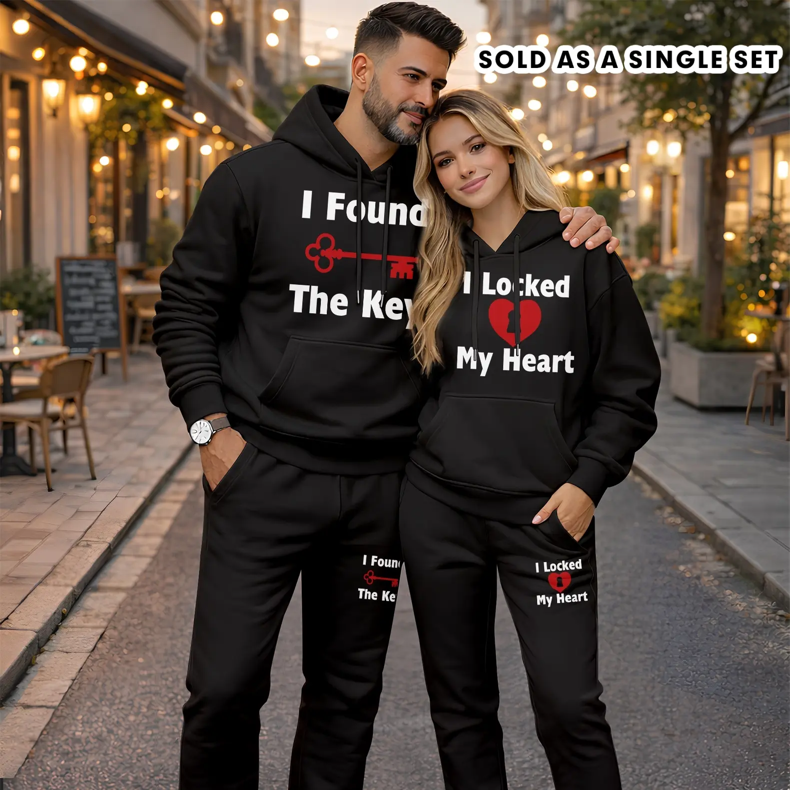 Men's 2-Piece Baggy Loose Longsleeves Hoodie & Sweatpants Set, Couple Graphic "I Found the Key"-"I Locked My Heart" Print, Minimalist Polyester Drawstring Clothes, Mensfashion Casual Sportswear for Autumn-Winter Everyday Wear, 2-Pieces, Easy Outfit, Overs