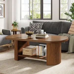 TRIBEWOOD Oval Coffee Table, Mid-Century 2-Tier Coffee Table with Storage Shelf, Modern 45.27" Accent Center Table with Wooden Dual Base for Living Room Bedroom Apartment
