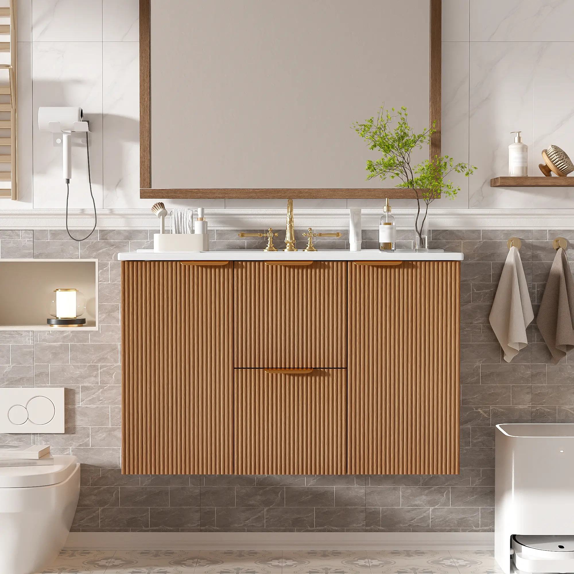Wall-Mounted 36 Inch Single Sink Bathroom Vanity with Ceramic Top, Soft-Close Doors, Divided Drawers, Wood Grain Melamine Finish, MDF Cabinet, Floating Modern Storage