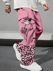 Men's Punk Leopard Print Work Pants, Trendy Loose Fit Casual Long Pants, American Street Cartoon Patchwork, All Seasons