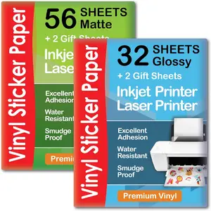 Printable Vinyl Sticker Paper Matte for Inkjet Printer 56 sheets +  Printable Vinyl Sticker Paper Glossy for Inkjet Printer 32 sheets for DIY projects| by