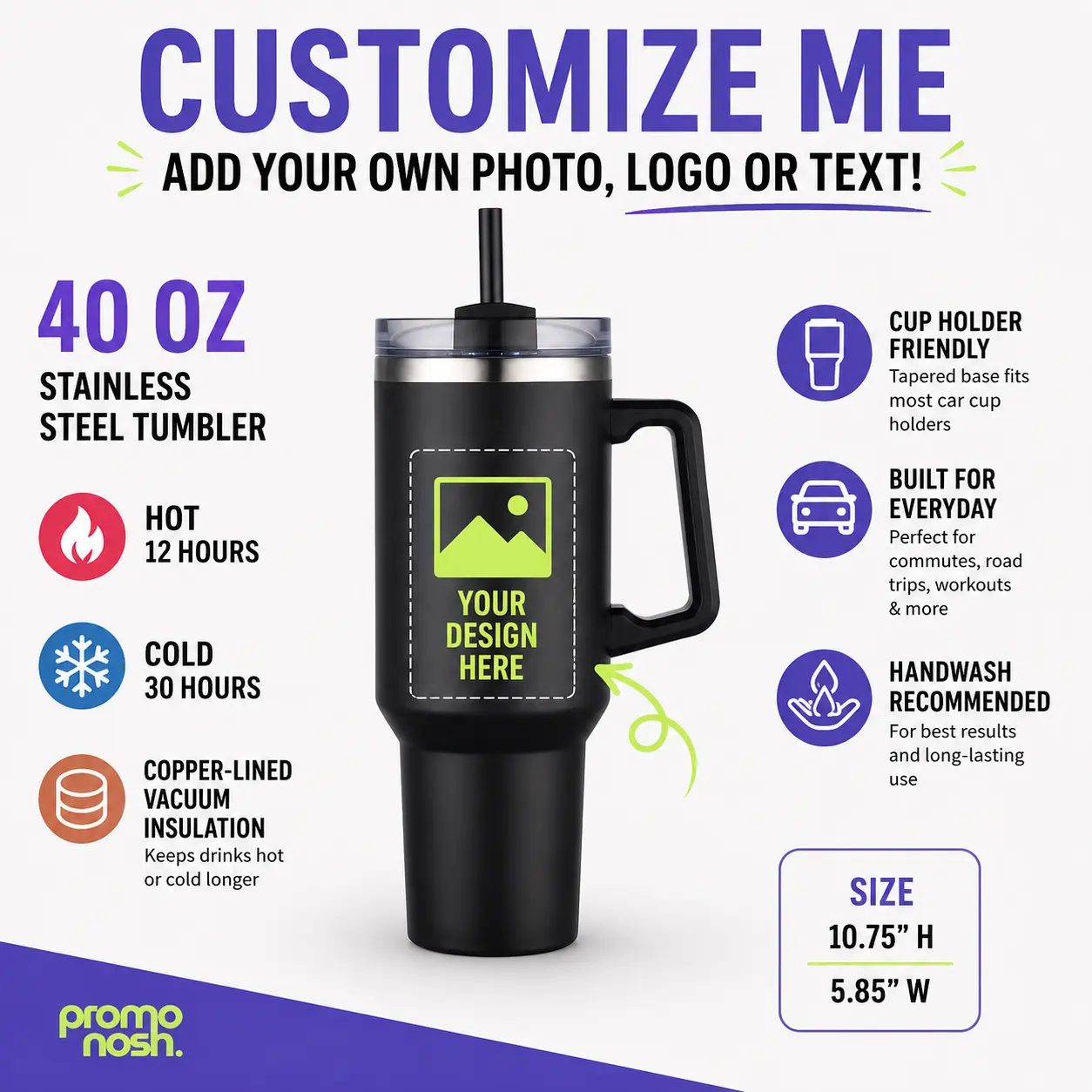 40oz Personalized Stainless Steel Insulated Tumbler - Durable, Reusable Kitchenware Drinkware with Custom Photo Print, Tapered Base, 10.75” h x 5.85” w, Portable Ideal Custom Gift, Insulation, Hot/Cold