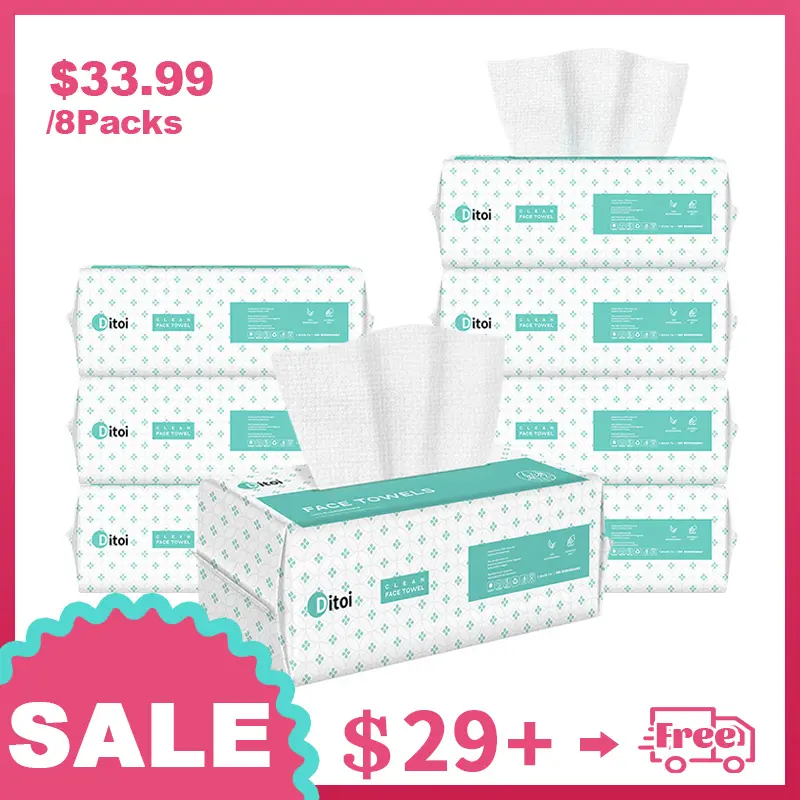Ditoi Disposable Face Towels 480 Count (8 Packs) – Soft & Durable Dry Wipes for Daily Facial Cleansing, Makeup Removal, Skincare – Eco-Friendly Lint-F