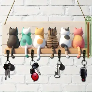 Unique Cat Silhouette Keychain with Hooks, Key Holder, Colorful Wall Hanging Wood Art, Wall Mount Design, Perfect for Entryway Decor, No Power Needed