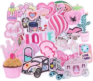 30pcs Pink Random Assorted Styles Iron On Patches, Embroidered Preppy Girl Patches, Cute Sew On Patch Applique for Jackets, Hats, Backpacks, Clothing Accessories