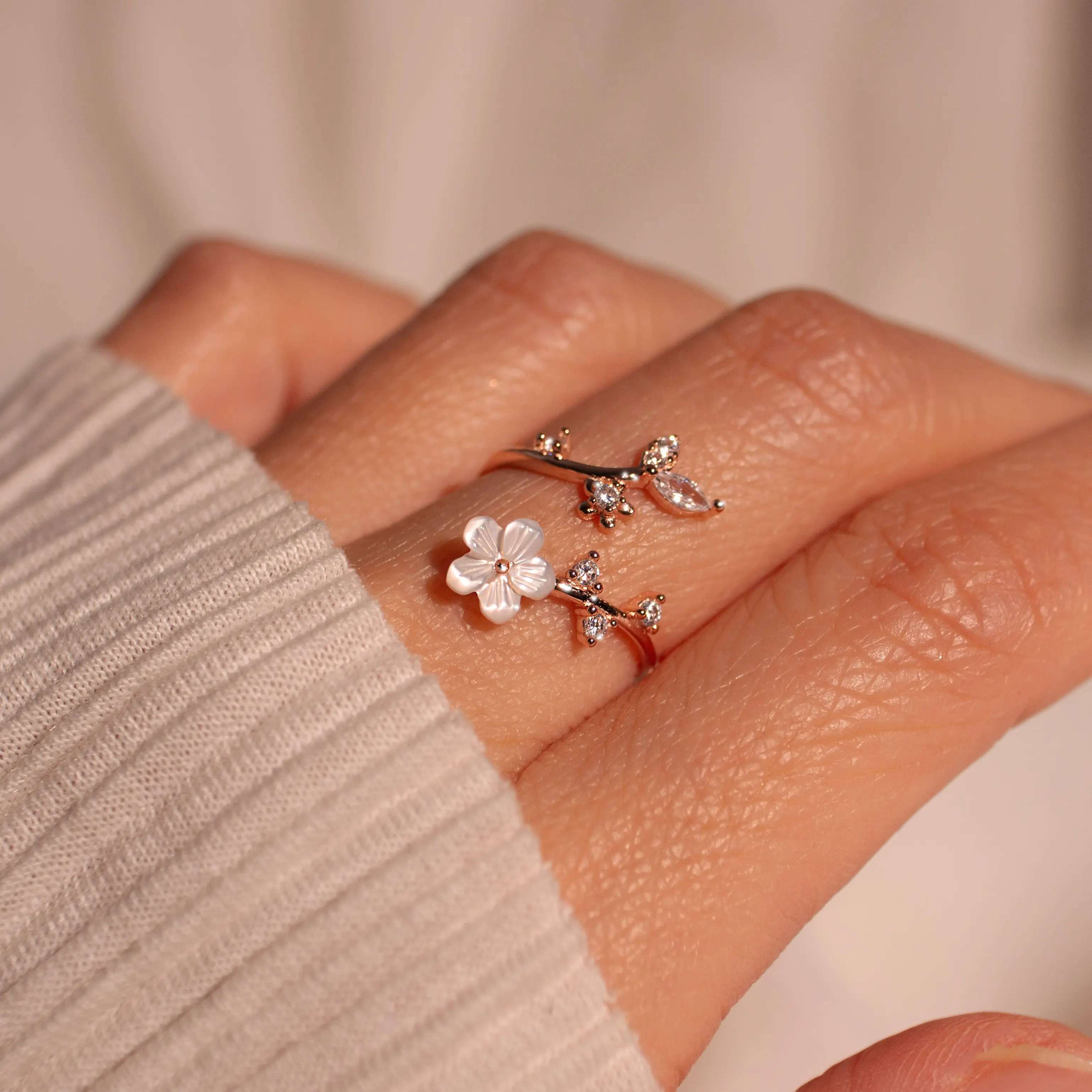 Birth Stone Cherry Blossom Flower Ring 925 Sterling Silver Mother of Pearl Sakura Rings