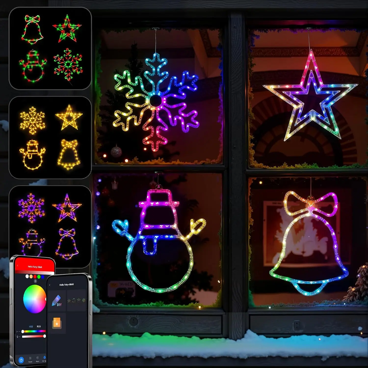 Christmas Window Lights Decorations, Christmas Window Silhouette Lights App Control Color Changing DIY Scene Mode Timer, 4Pack Snowflake Snow Man  Bell for Holiday Indoor Wall Door Decor