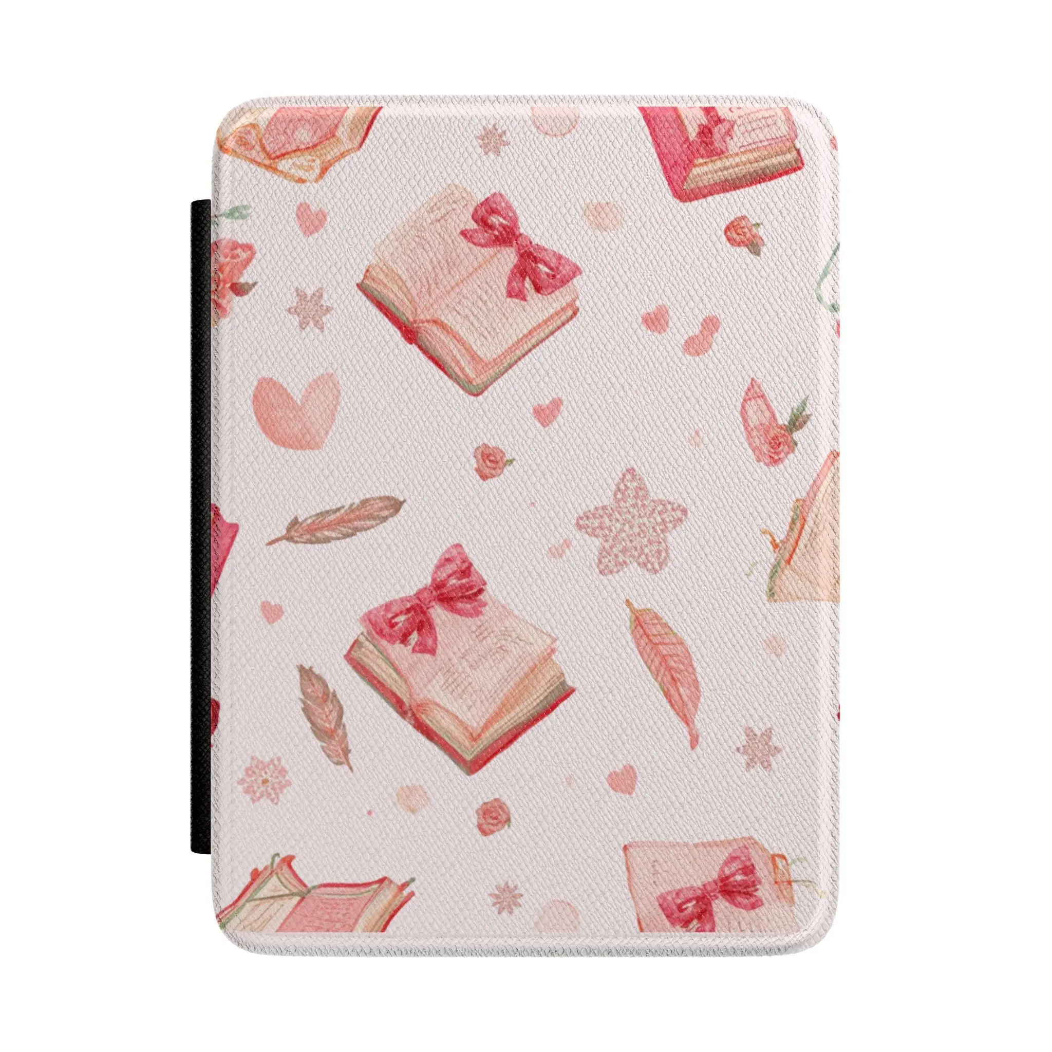 Pink Book Pattern Kindle Case - PU Leather E-Reader Cover with Cute Bow, Feather, Hand Straps