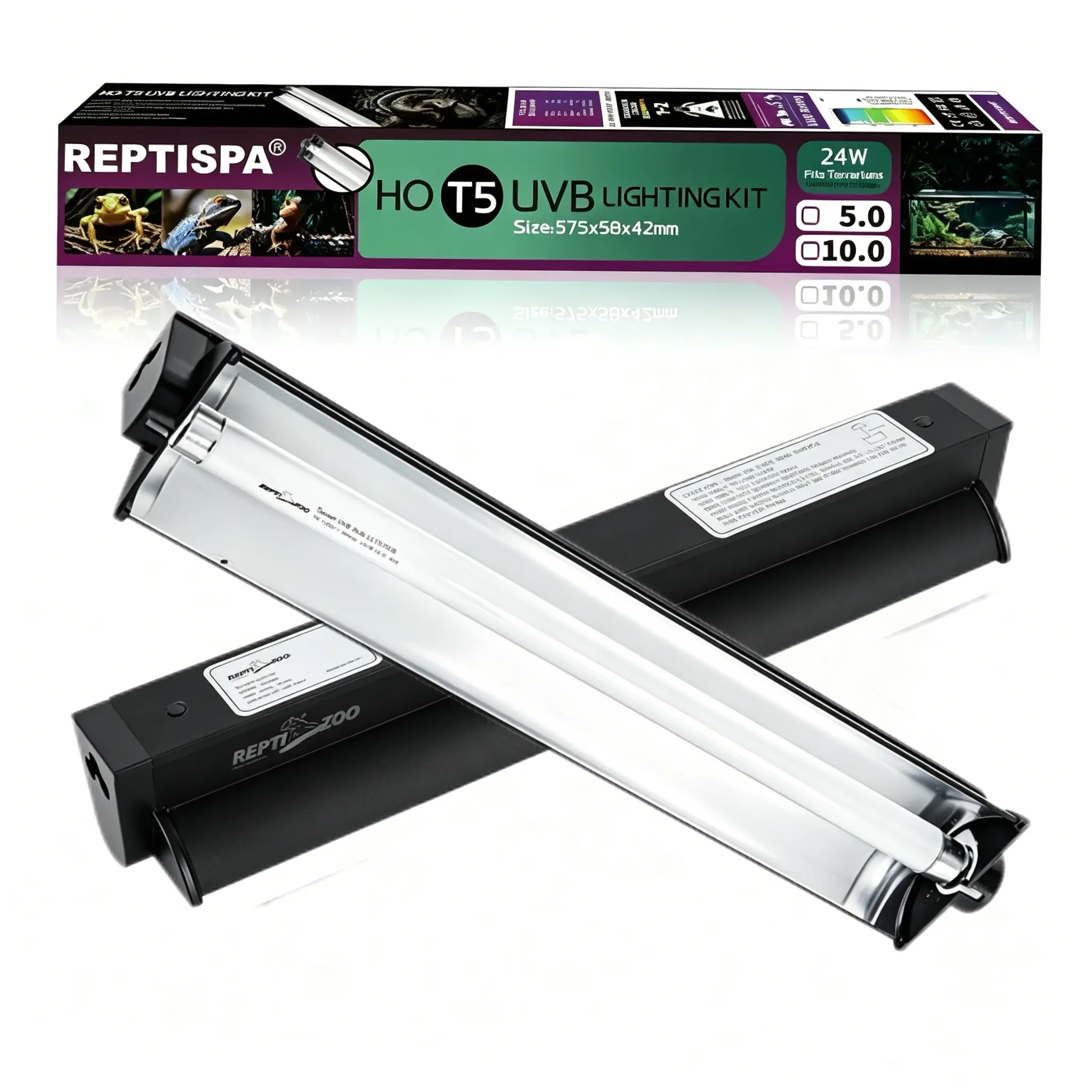 T5 Reptile Light Fixture Combo Kit 24W Light Fixture Reptile Terrarium Hood 10.0 UVB Light Bulb dimmable Fluorescent Tube Ideal for Tropical and Deserts Such as Bearded Dragon Lizards and Tortoises