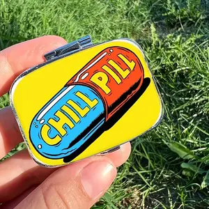 Pop Art Style Chill Pill Case, Compact Pill Box with Mirror, Durable Plastic 2 Compartment, Lightweight Portable Travel Pill Holder, Healthcare, Gift for Stress Relief