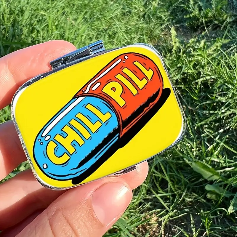 Pop Art Style Chill Pill Case, Compact Pill Box with Mirror, Durable Plastic 2 Compartment, Lightweight Portable Travel Pill Holder, Healthcare, Medical Organizer, Supplement Organizer, Vitamin Organizer, Gift for Stress Relief