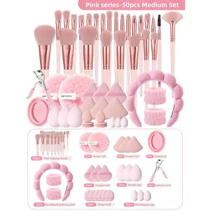 The 50 piece makeup tool set includes a set of 25 makeup brushes, a 3-piece waterproof wash set, a 20 piece makeup powder puff set, as well as a cleaning bowl and eyelash curler