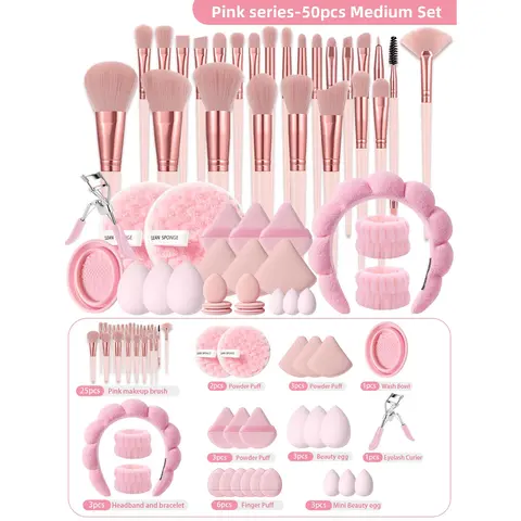 50-Piece Facial Makeup Tool Kit with Face Brush Set, Waterproof Cleansing Set, Powder Puffs, Cleaning Bowl & Eyelash Curlers for Precision and Ease (25 Brushes, 3-Piece Cleansing, 20 Puffs)