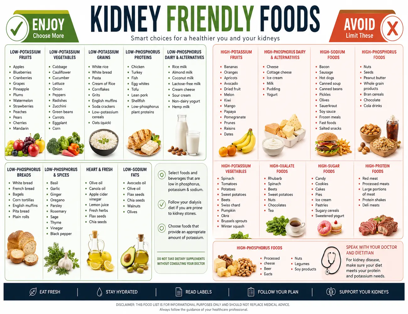 Kidney Friendly Foods Poster, Renal Diet Food Chart, Low Potassium Low Phosphorus Foods List, Kidney Health Nutrition Guide, Dialysis Diet Wall Art, Healthy Eating Kitchen Decor, Renal Care Educational Print for Home Office Patient Education Gift Resource