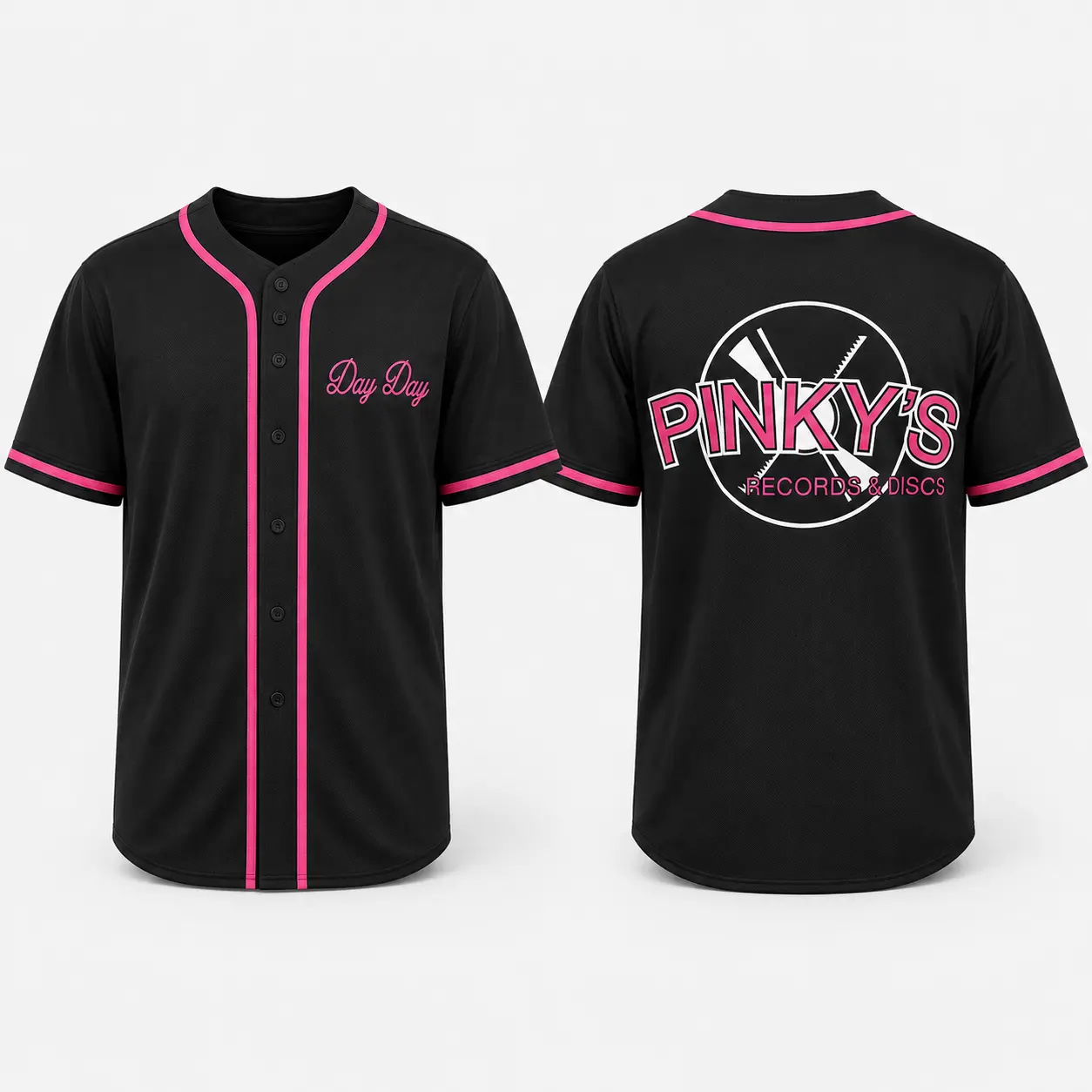Unisex Cheer Team Jersey Shirt, Black Pink Button Up Short Sleeve Sports Top, Lightweight Breathable Performance Spirit Wear Tee