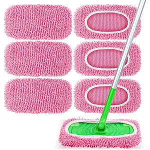 6 Pack Reusable Chenille Mop Refill Pads, Dry & Wet Reusable Mopping Cloths Compatible with Swiffer Sweeper for Floor Cleaning, Pink