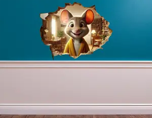 Realistic Mouse Hole Wall Decal - Tiny Mouse in Yellow Sweater Wall Sticker