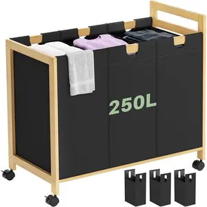 250L Laundry Sorter Cart with Wheels, 3-Section Rolling Laundry Basket with Removable Bags, 66 Gal Large Laundry Hamper Organizer, Bamboo Frame,-Resistant, Black