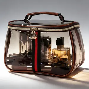 Retro British Style Transparent Makeup Bag, Color Block Stripe Design Large Capacity Toiletry Storage Pouch, Waterproof Visible Travel Portable Bag