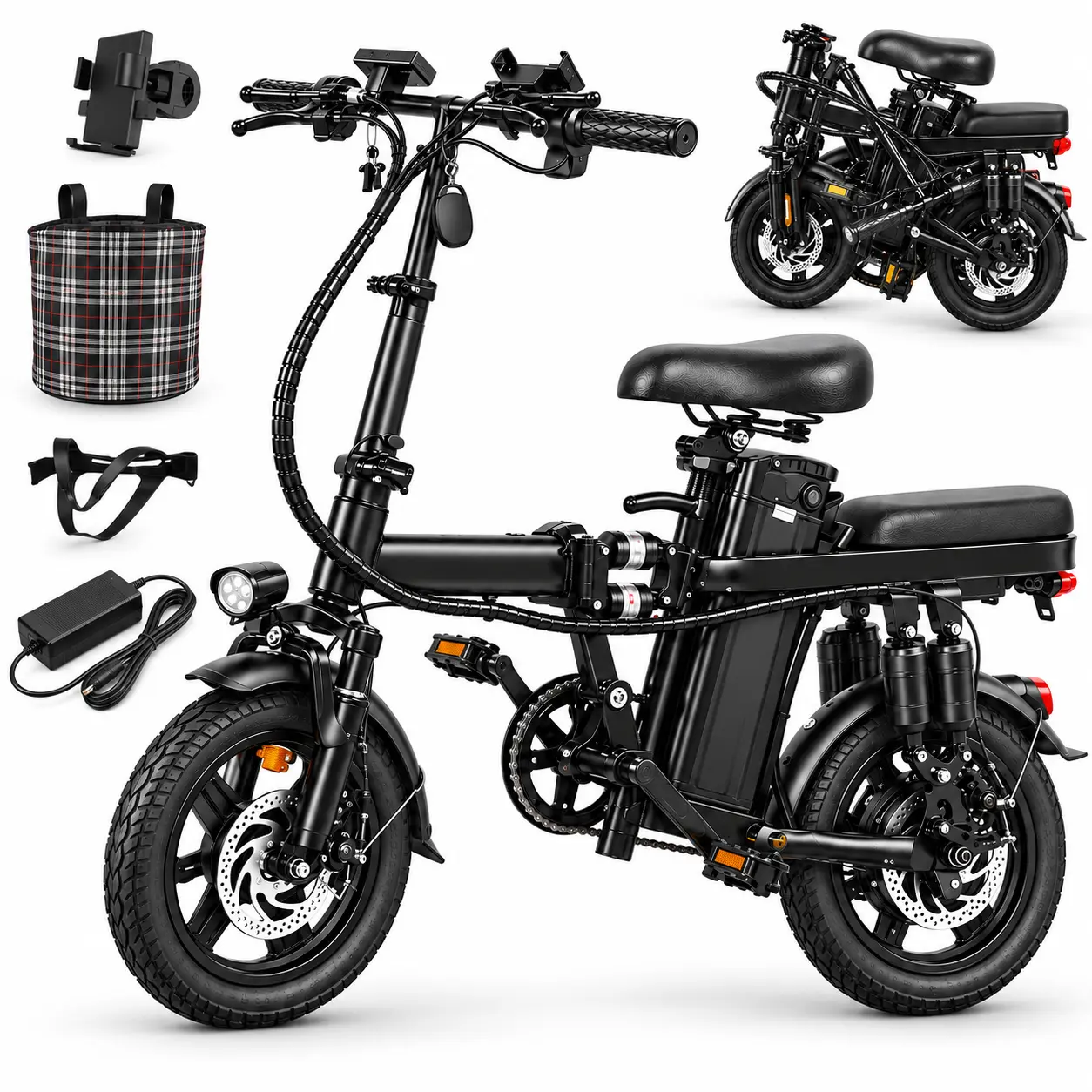 A10-14-Inch Folding Electric Bike for Adults - Commuter Bicycle, Foldable Cycling & City Commute E-Biking Option, 800W Motor, 48V 15Ah Battery, 3 Riding Modes, Dual Rear Suspension, Front & Rear Disc Brakes