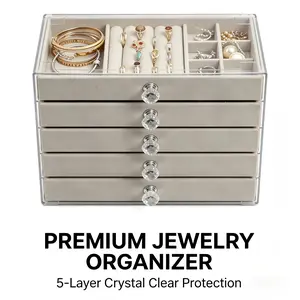 5-Layer Acrylic Jewelry Organizer with Clear Drawers, Velvet Lined Jewelry Storage Box for Earrings, Rings, Necklaces & Bracelets, Dustproof Jewelry Display Case for Vanity, Bedroom Dresser, Perfect Gift for Women & Girls