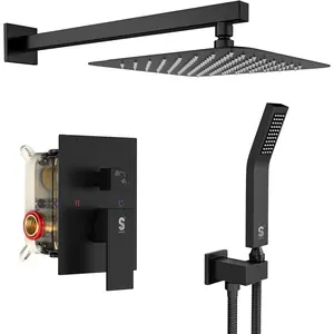 Black Square Rainfall Shower  and Handle Set, Wall Mounted Shower Fixtures, Metal Shower Faucet Trim Repair Kits (With Shower Valve)