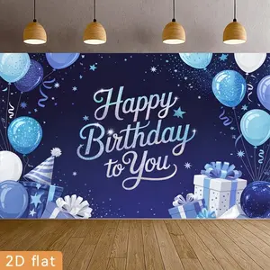 2D Flat Banner 1pc, for Birthday Celebrations, Featuring a Polyester Backdrop with Blue And White Star Balloons, Gift Motifs, And Birthday Hat Decorations. Ideal for Events in Homes, Gardens, Courtyards