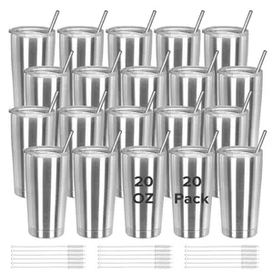 FASTSUB 20 oz Stainless Steel Tumblers with Straw and Lid 20 Pack,  Pre-Sanded Silver Cups Wholesale for Epoxy and UV DTF