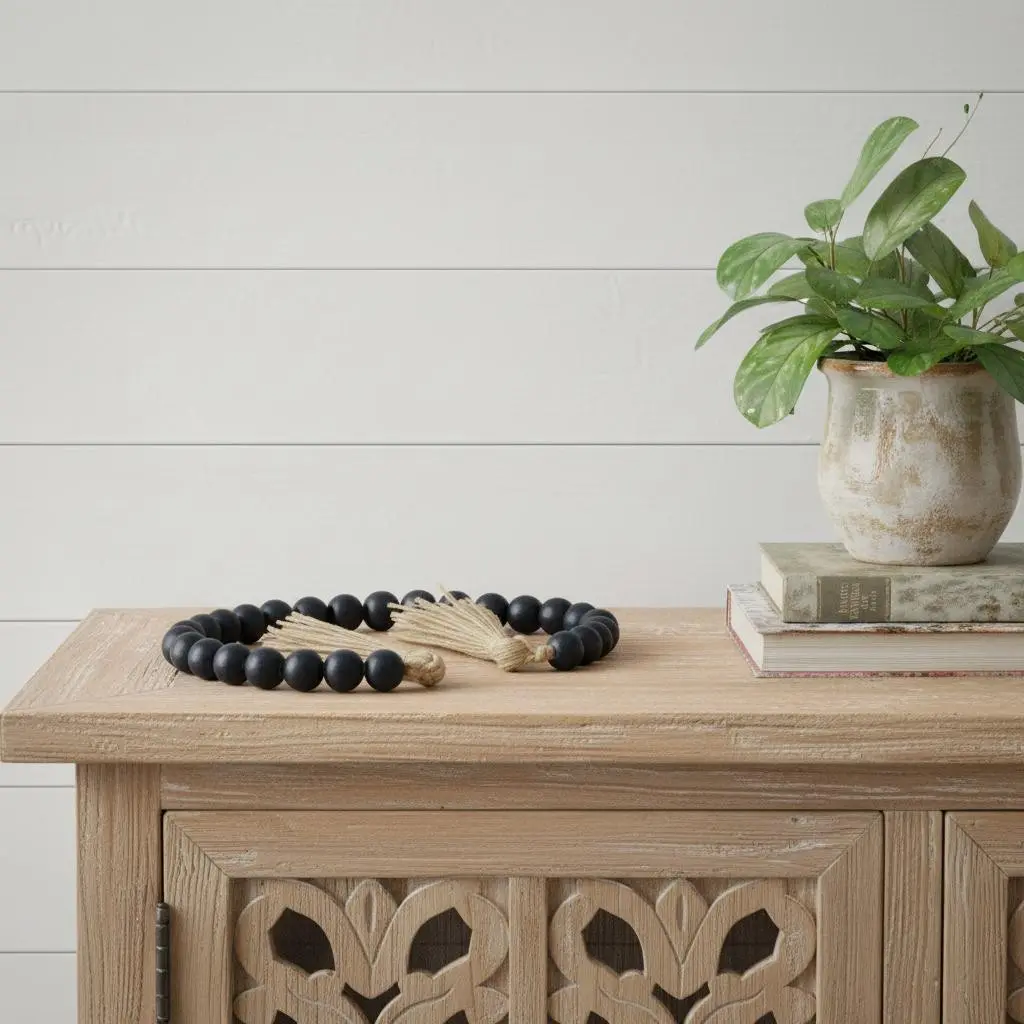 Hand Decorative 24-in Dark Blue Painted Wooden Round Beads Hanging Garland Tassel - 0.50-inch Dia Bathroom Mirror Home Improvement Accessory, Hangable Tabletop Accent