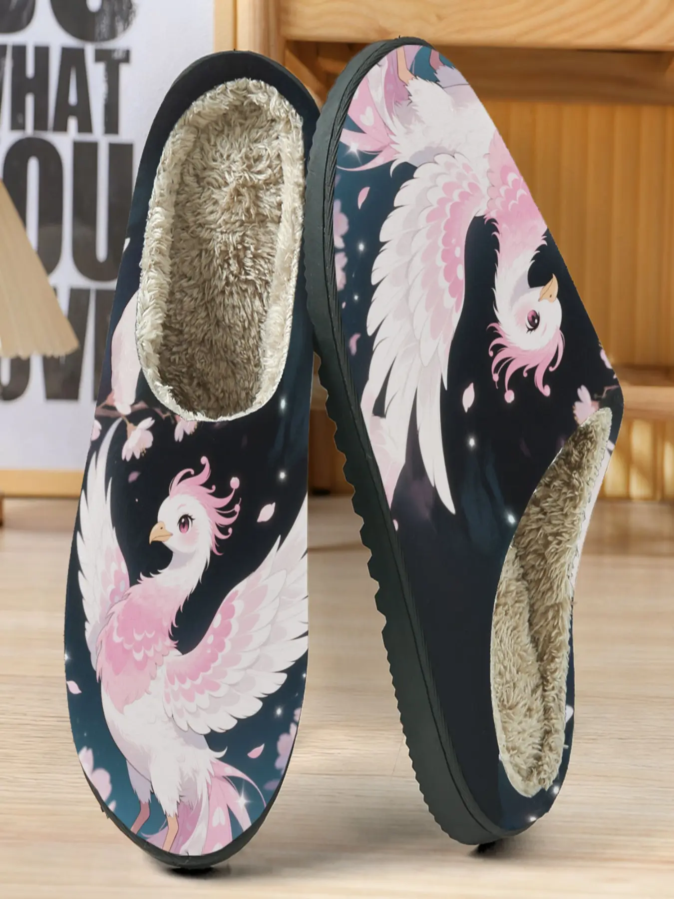 Cute Phoenix Cotton Slippers, Starry Night Cherry Blossom Background, Feather Phoenix, Soft Plush Lining, Casual Home Shoes