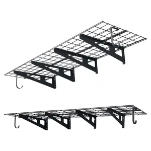 Two-Tier Heavy-Duty Wall Garage Shelving, Eight-Pack, 1 By 3 Ft Steel Wall-Mounted Shelving Unit With Hooks, 24 By 72 Inch Per Shelf Floating Storage Metal Rack, 1000 Lb Total Weight Capacity, Black
