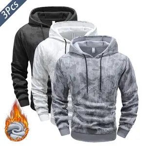 Men's Three-Piece Winter Fleece Hoodie Set with Drawstring, Long Sleeve Pullover Hooded Jacket, Polyester Knit Fabric, Kangaroo Pocket, Comfortable Thick Warm Coat, Men's Winter Sports Shirt, Ideal for Hiking,  Athleisure Street Fit